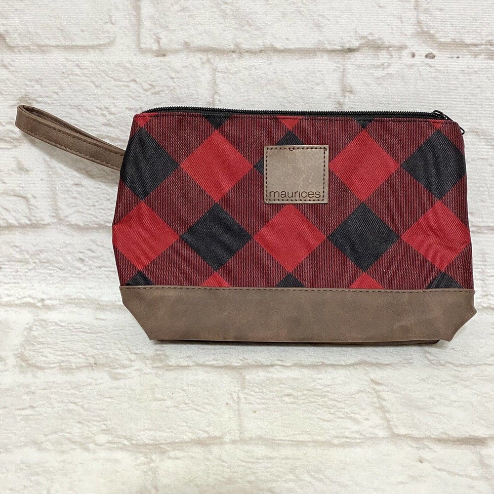 Maurice's Women Black & Red Plaid Brown Trim Winter/Fall Wristlet Purse